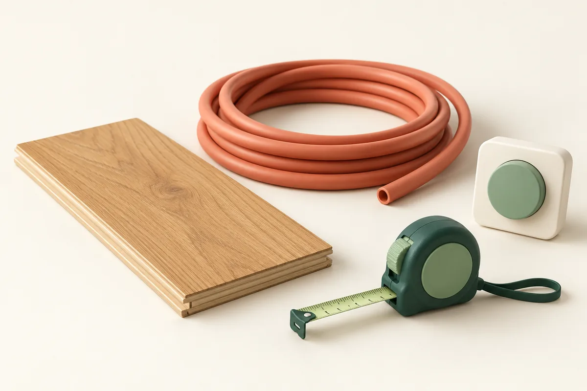 Oak flooring sample beside a heating pipe and a thermostat