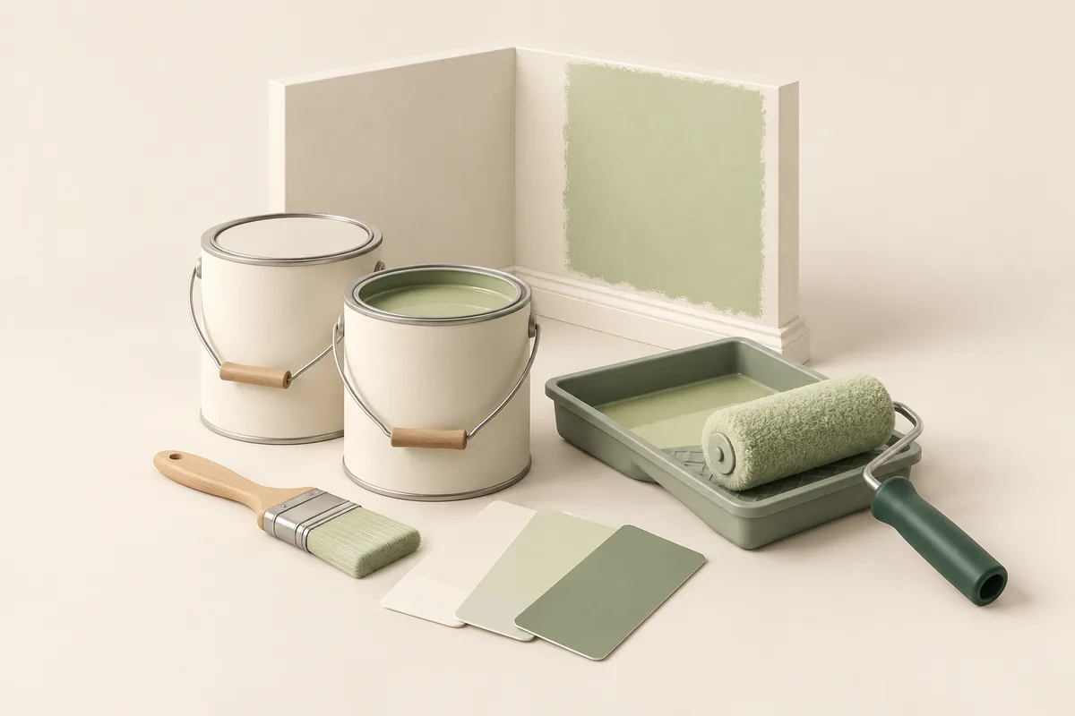 Sage paint tins, a roller, a tray and paint swatches beside a miniature wall