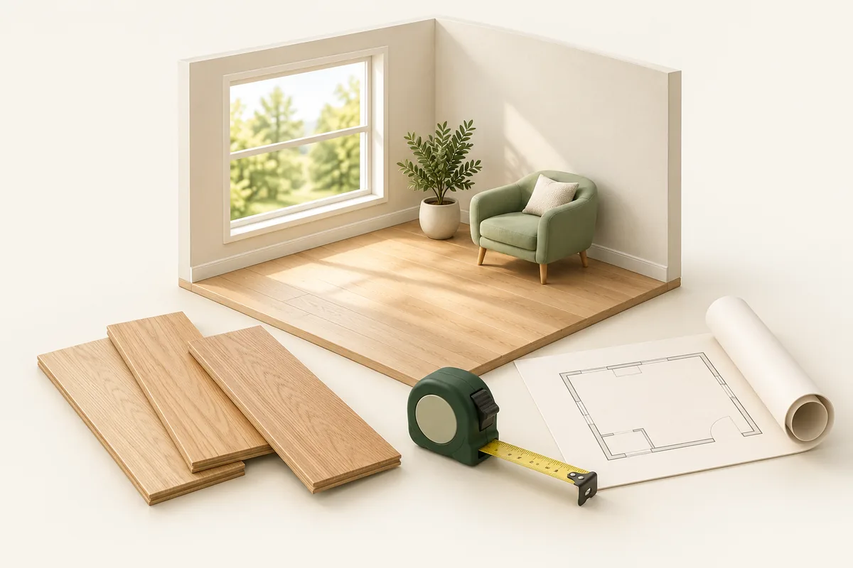 Miniature room with oak flooring samples and a measuring tape