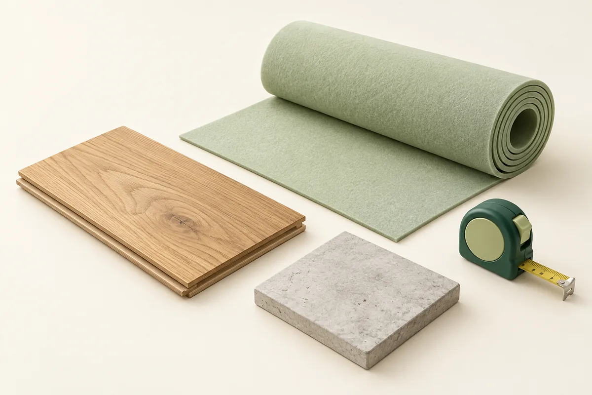 Separate oak board, underlay roll and concrete material samples